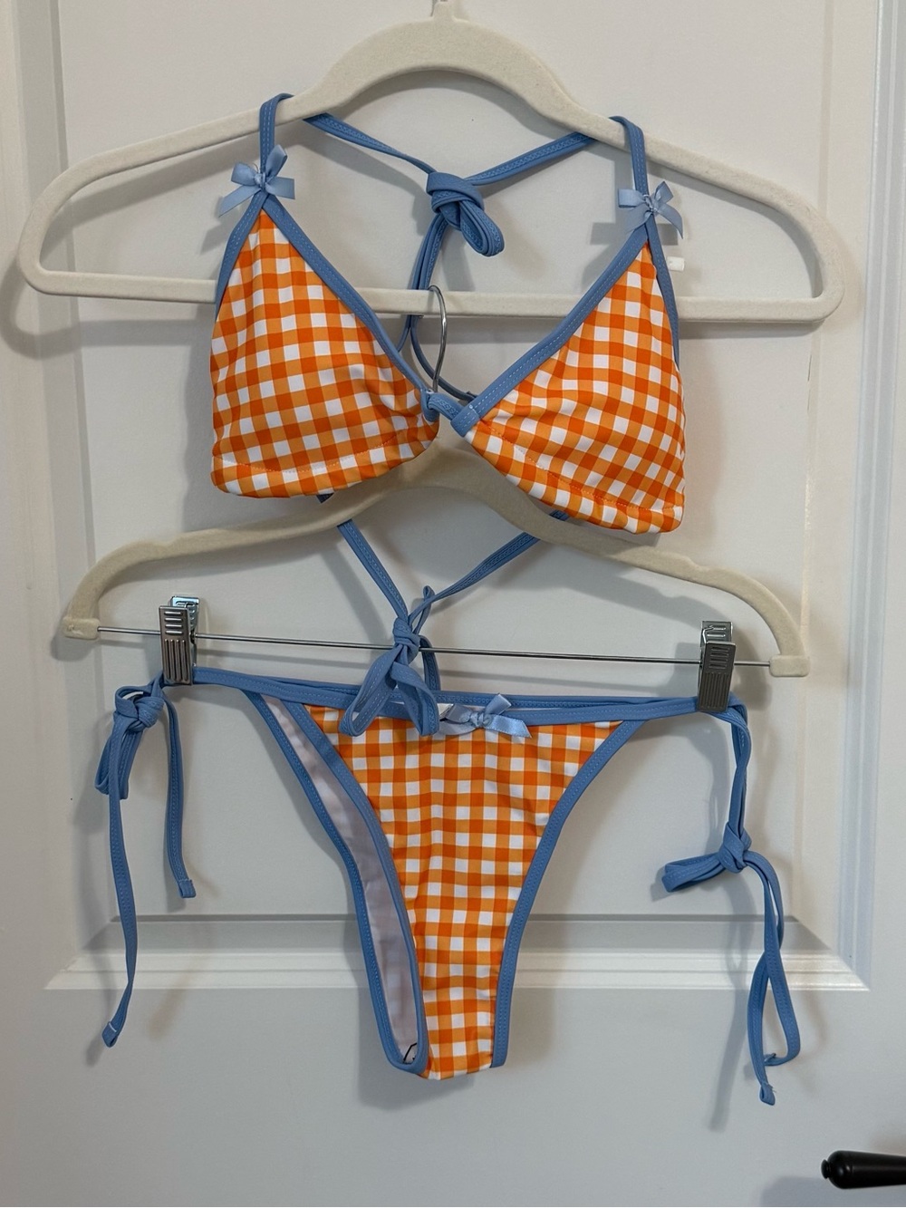 Heath Street NWT Orange Gingham Tie-Side Bikini with Blue Trim. Size Small